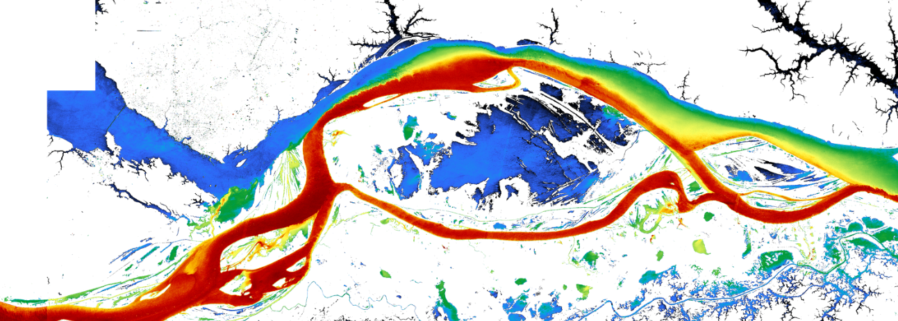 Carte de concentration en matières en suspensions obtenues par imagerie Sentinel-2 à la confluence des fleuves Amazone et Negro (Brésil)