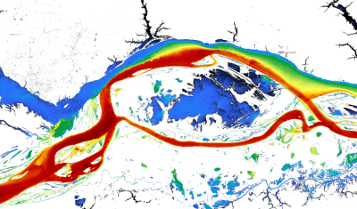 Carte de concentration en matières en suspensions obtenues par imagerie Sentinel-2 à la confluence des fleuves Amazone et Negro (Brésil)