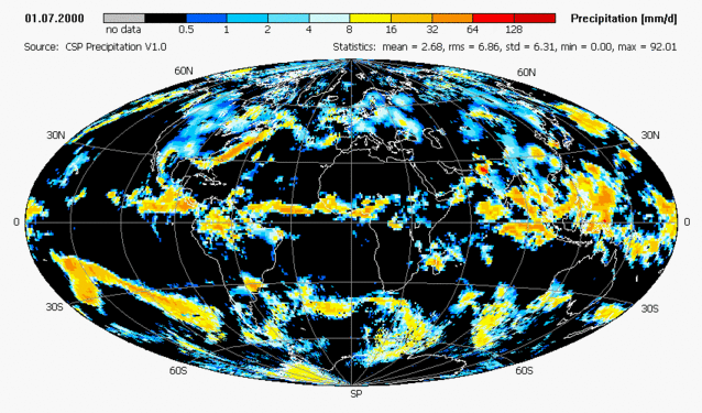 Precipitations issues de l’utilisation conjointe de données satellites et de mesures de pluviomètres, juillet 2000.