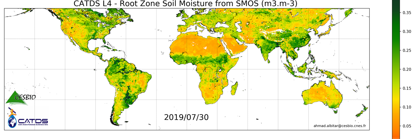 Carte globale de l’humidité en zone racinaire issue du produit CATDS L4 RZSM du 30/07/2019