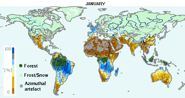 Moyenne mensuelle globale (1992-2000) du SWI issus des données du diffusiomètre d’ERS