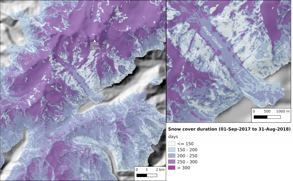 Carte de la durée d’enneigement dans le massif du Mont Blanc au cours d’une année hydrologique (1er septembre 2017 au 31 août 2018), produite par synthèse des produits de surface enneigée Theia.