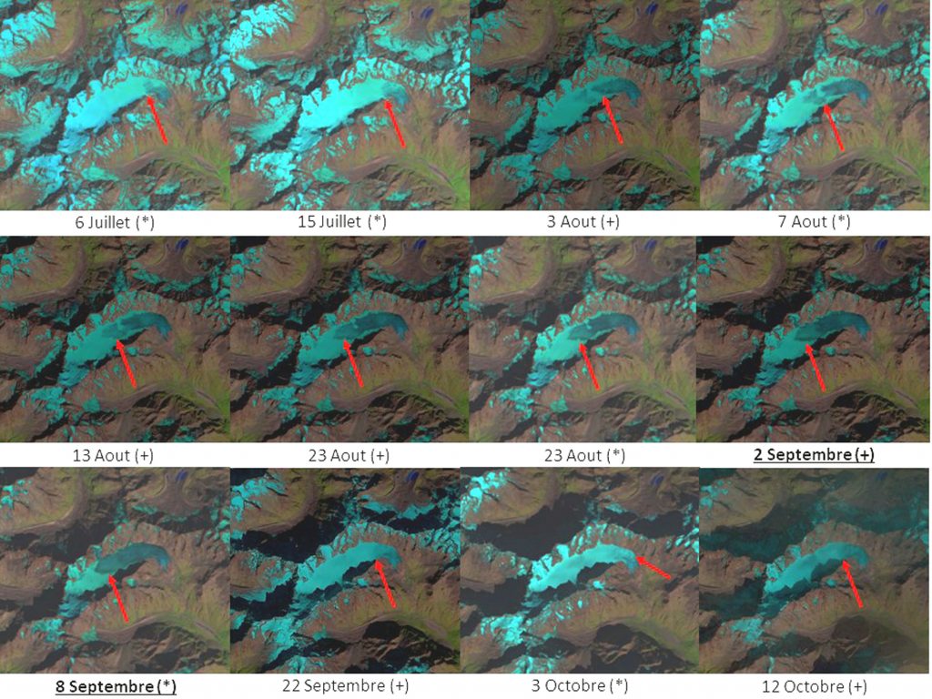 Evolution of the snow line on the Glacier Blanc (Écrins massif, France) during the 2016 summer season, between July 6 and October 12. 