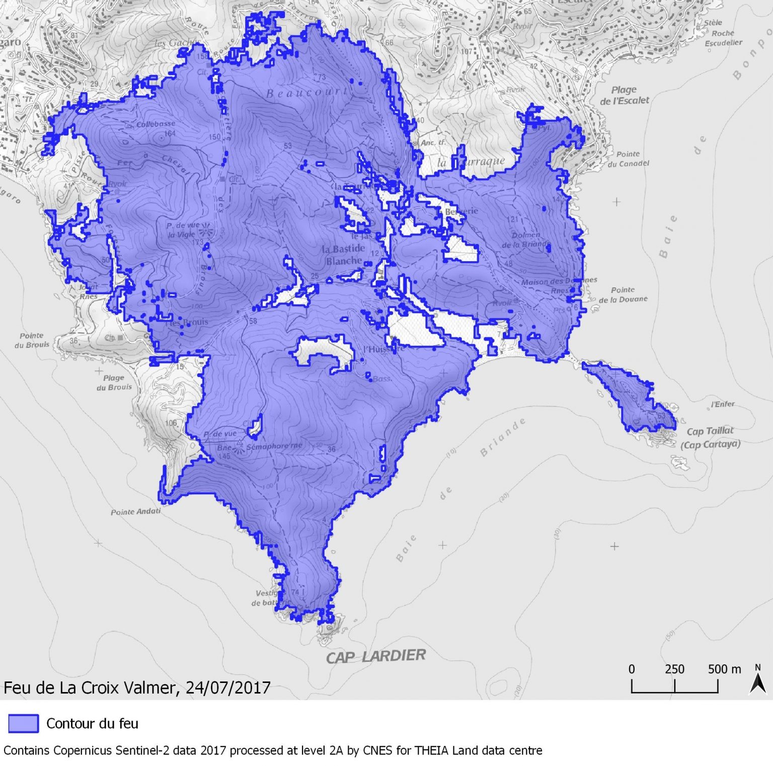 Fire Contour Map for La-Croix-Valmer wildfire in South of France, July 2017