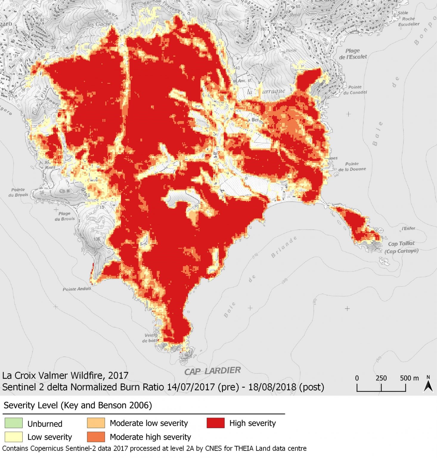 Severity Level Map for La-Croix-Valmer wildfire in July 2017.