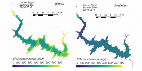 Effet du glint (non corrigé à gauche) sur le calcul des concentrations de matières en suspension sur le lac de Bagré au Burkina Faso