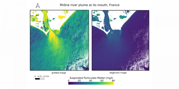 Effet du glint (non corrigé à gauche) sur le calcul des concentrations de matières en suspension à l’embouchure du Rhône à partir d’une image Sentinel-2