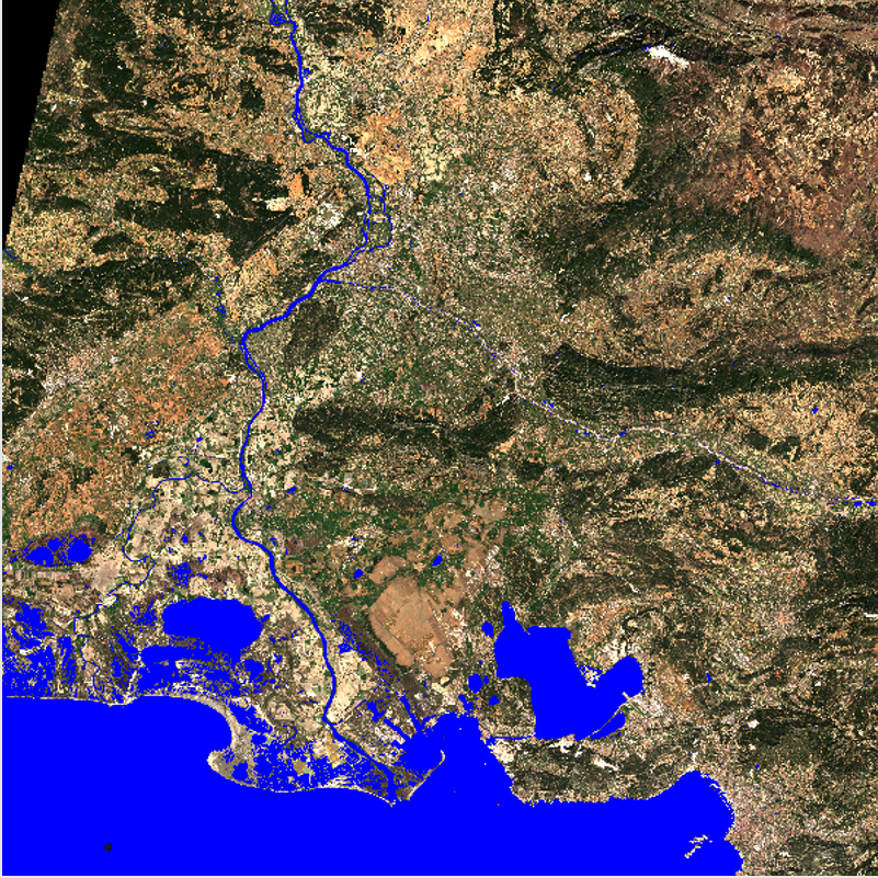 Détection automatisée de pixels en eau (bleu) du Bas-Rhône par imagerie satellite Sentinel-2 pour le 31 Mars  2019 