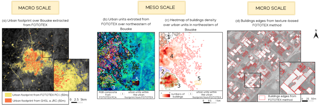 Figure 2. Résultats issus de l'algorithme FOTOTEX sur la ville de
Bouaké (Côte d’Ivoire) à trois échelles différentes : (a) délimitation de la tâche urbaine (b) identification d'unités urbaines, (c) densité urbaine et (d) extraction des contours d'objets urbains.