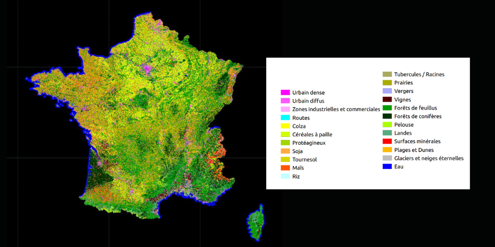 Cartographie de l'usage des sols OSO 2020 et sa nomenclature en 23 classes.