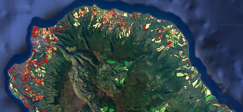 Ile de la Réunion – Distribution spatiale du moustique Aedes albopictus vecteur de la dengue (en rouge : densités fortes ; en vert : densités faibles).