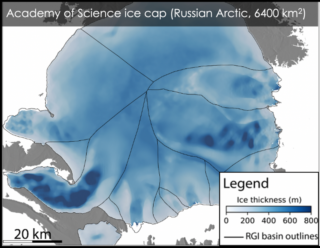  Carte de la distribution des épaisseurs de glace de la calotte « Académie des Sciences » située sur l’Ile de Komsomolets dans l’Arctique russe. Des données similaires sont disponibles pour l’ensemble des grandes régions glaciaires sur Terre