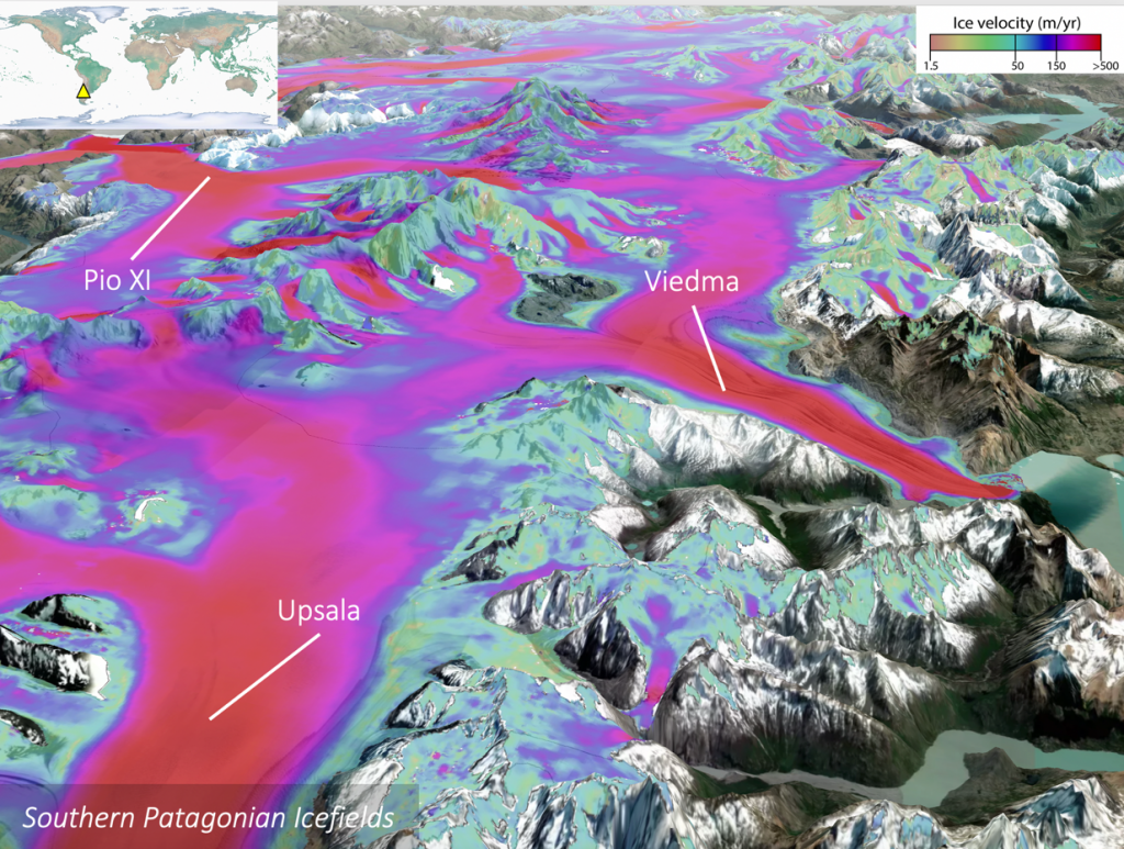 Carte des vitesses d’écoulement des glaciers s’écoulant du champs de glace Patagonien sud (2017-2018). Des données similaires sont disponibles pour l’ensemble des grandes régions glaciaires sur Terre.