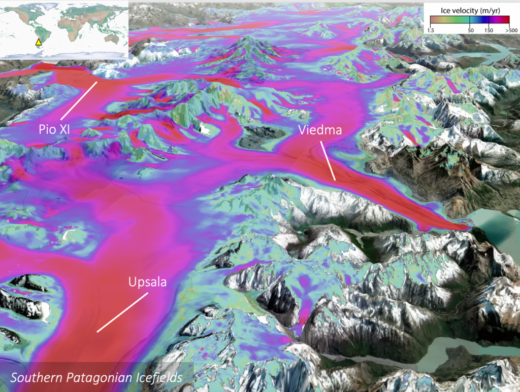 Carte des vitesses d’écoulement des glaciers s’écoulant du champ de glace patagonien sud (2017-2018). Des données similaires sont disponibles pour l’ensemble des grandes régions glaciaires sur Terre.