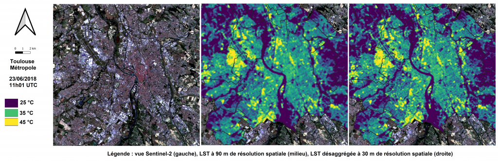 La ville de Toulouse en optique par Sentinel-2 (gauche), température de surface (ASTER, 90m, au centre), et température de surface super-résolue (ASTER, 30m, à gauche). 