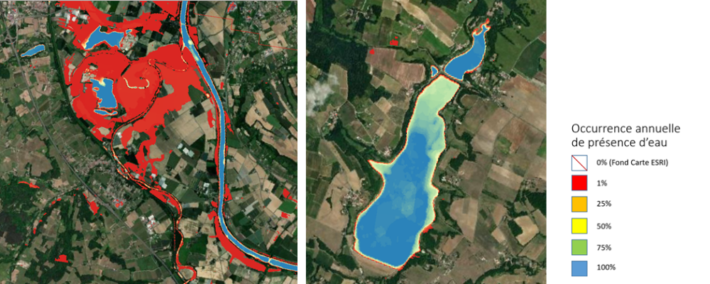 Figure 1. Carte synthèse annuelle Surfwater de 2019 sur Tonneins (gauche) et lac en Occitanie (droite) sur fond ESRI Satellite. Les zones en bleu présentent les eaux permanentes et en rouge de zones couvertes d’eau avec une faible occurrence (typiquement inondation).