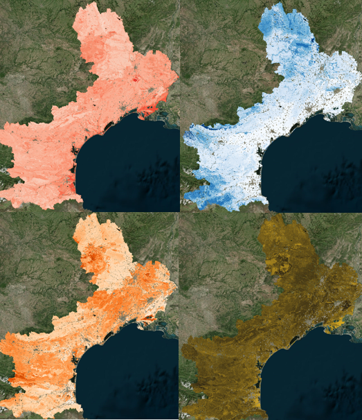 Examples of soil proprieties mapping using GlobalSoilMap format for what used to be the French Languedoc-Roussillon region.