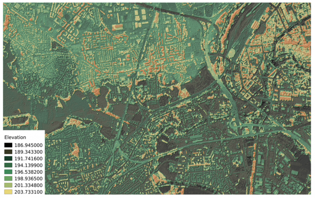 Exemple de modèle numérique de surface urbain généré sur la ville de Strasbourg (Grand-Est) dans le cadre des activités du CES Urbain de THEIA (© A. Puissant & A. Stumpf, LIVE/THEIA)