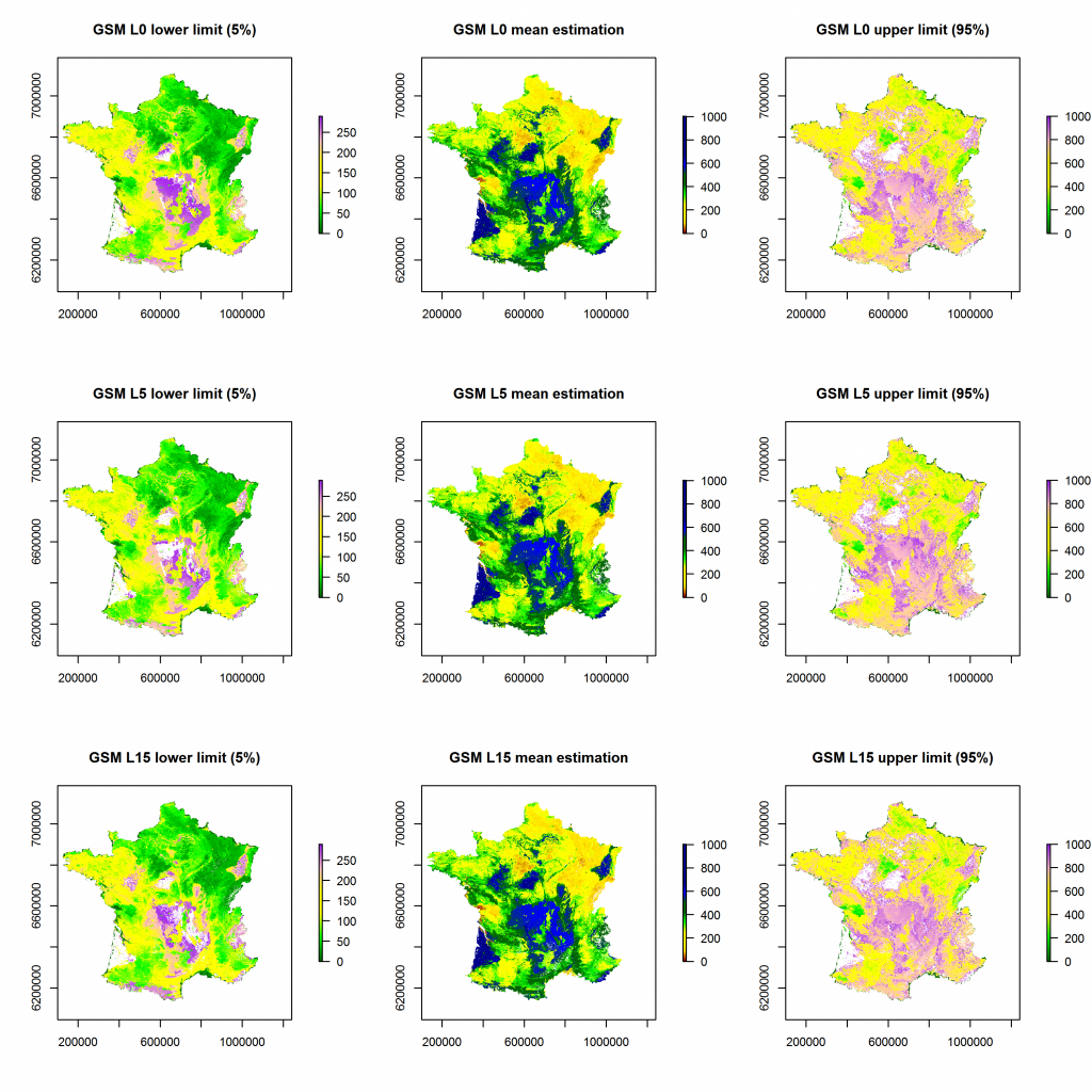 Cartes de la teneur en sable pour les couches 0-5 cm, 5-15 cm et 15-30 cm du sol selon les spécifications GlobalSoilMap pour la France métropolitaine