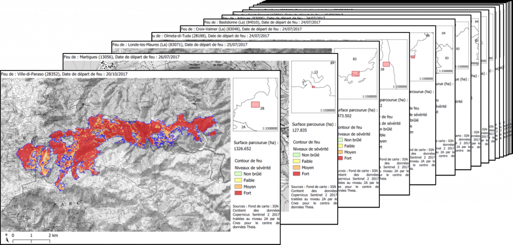 Grands Feux de la zone Prométhée 2017 et 2018, suivis produits par le CES Incendie de Theia à partir d'imagerie Sentinel-2