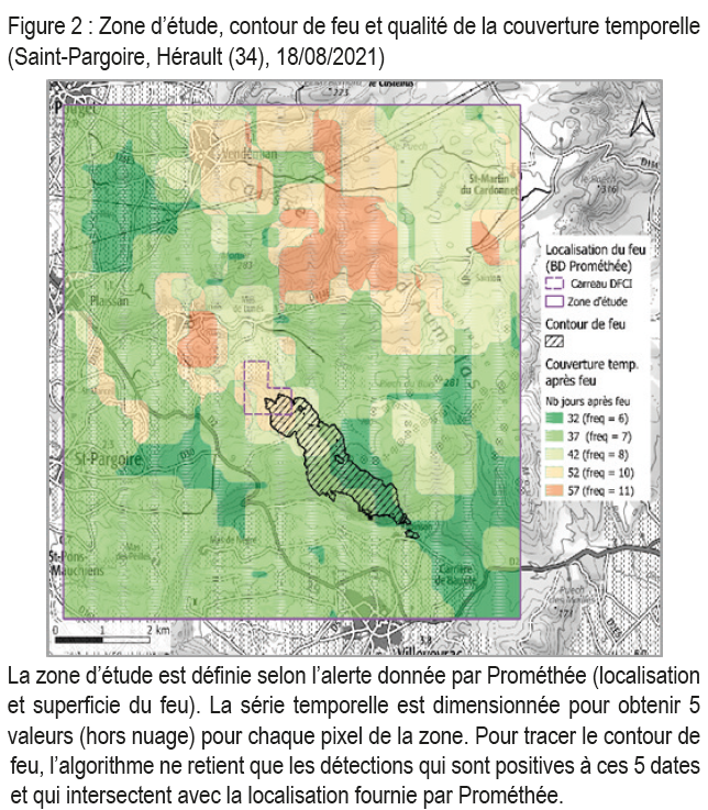 Zone d’étude, contour de feu et qualité de la couverture temporelle
(Saint-Pargoire, Hérault (34), 18/08/2021)