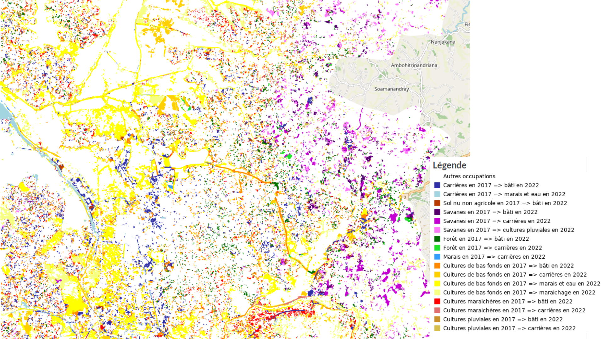 Cartographie des changements d'occupation du sol calculés à partir du croisement des cartes de 2017 et 2022 pour l'agglomération d'Antanananrivo, Madagascar