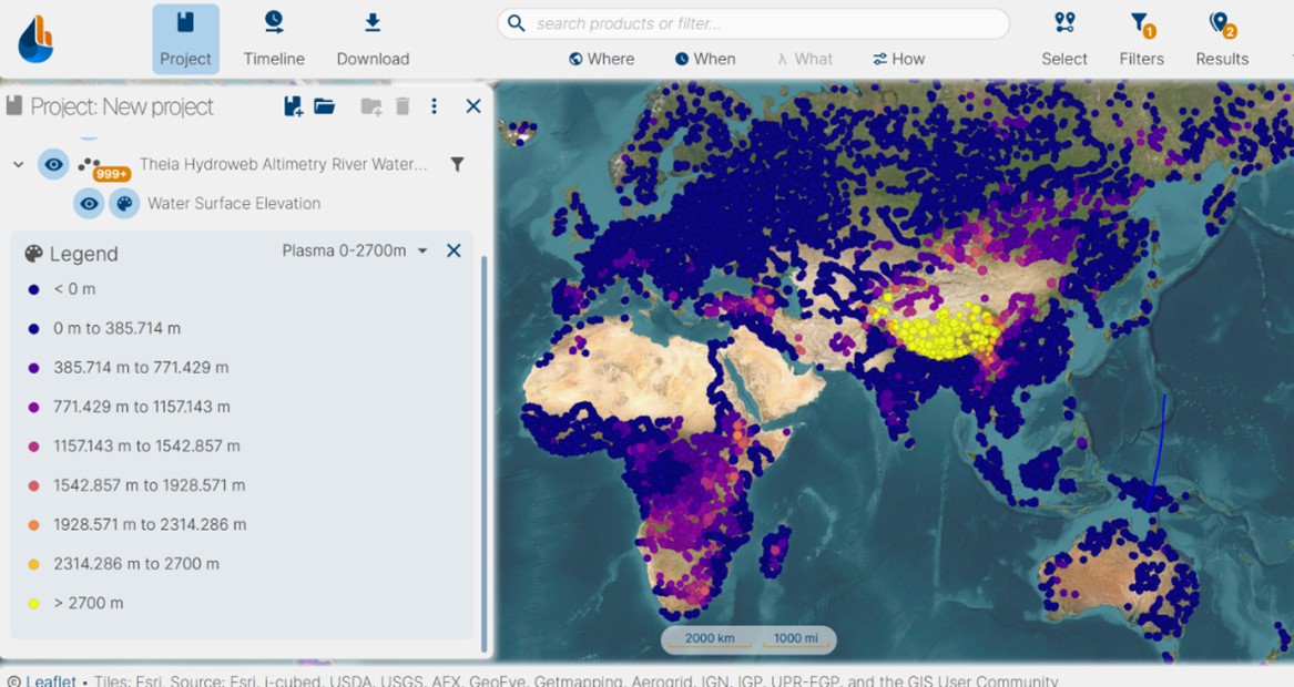 Zoom in on the world map of hydroweb data, with the river legend displayed on the hydroweb.next interface.