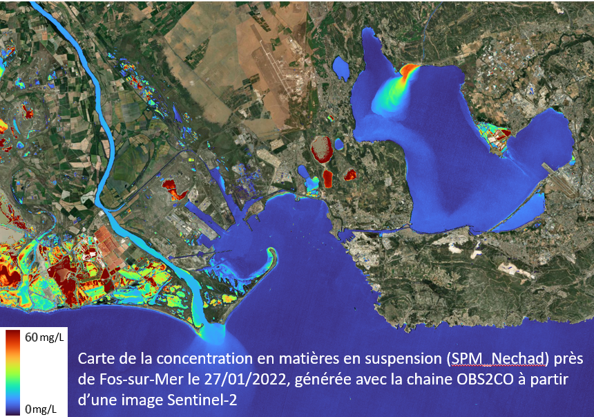 Carte de concentration en matières en suspension près de Fos-sur-mer, 27/01/2022, générée via OBS2CO à partir  d'une image Sentinel-2