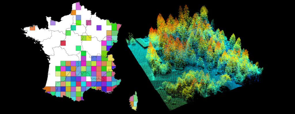 Disponiblité des blocs lidar HD en janvier 2024  et aperçu 3D d’un nuage LiDAR pour une utilisation forestière.