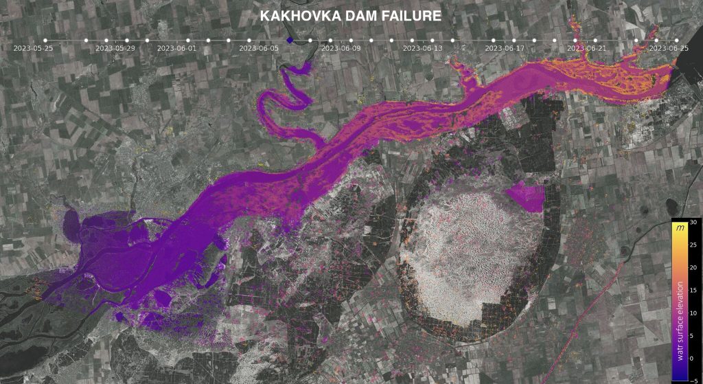 Illustration de l'utilisation des données SWOT pour caractériser l'évolution du réservoir après la destruction du barrage de Kakhovka en Ukraine.