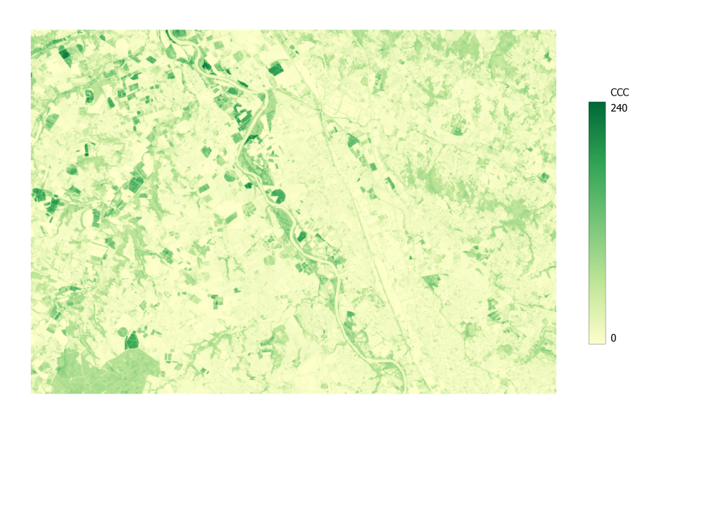 Contenu en chlorophylle sur une zone extraite au nord de Toulouse de la tuile 31TCJ, issue du produit  SENTINEL2B_20240723-105901-950_L2B-BIO_T31TCJ_C_V1-0