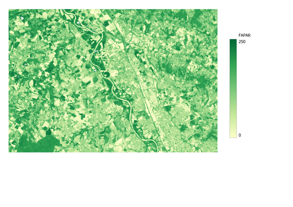 FAPAR sur une zone extraite au nord de Toulouse de la tuile 31TCJ, issue du produit SENTINEL2B_20240723-105901-950_L2B-BIO_T31TCJ_C_V1-0