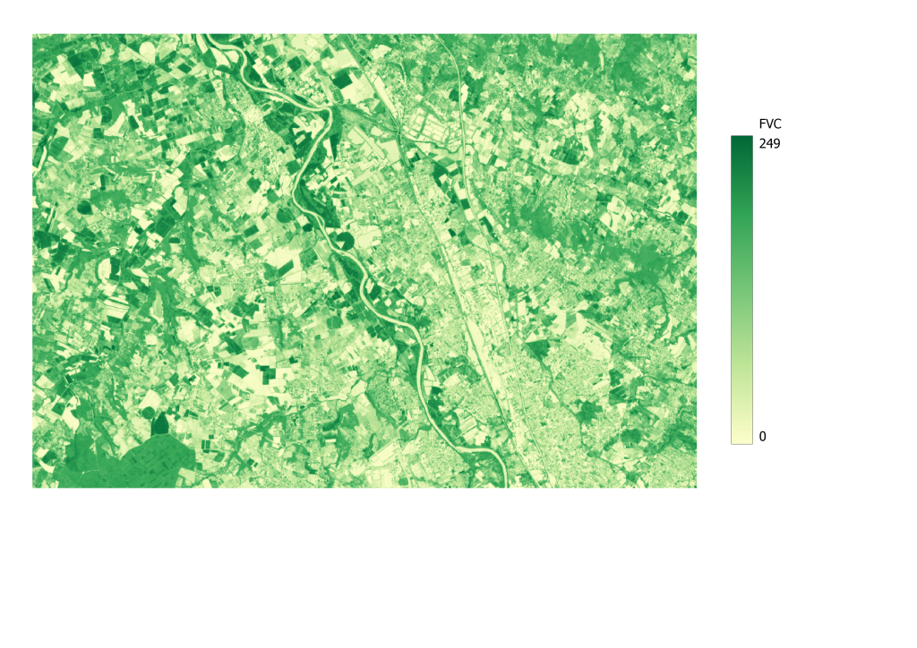 Fraction de couverture sur une zone extraite au nord de Toulouse de la tuile 31TCJ, issue du produit SENTINEL2B_20240723-105901-950_L2B-BIO_T31TCJ_C_V1-0