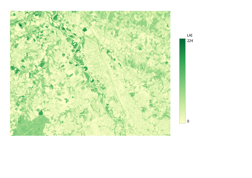 Indice de surface foliaire sur une zone extraite au nord de Toulouse de la tuile 31TCJ, issue du produit SENTINEL2B_20240723-105901-950_L2B-BIO_T31TCJ_C_V1-0