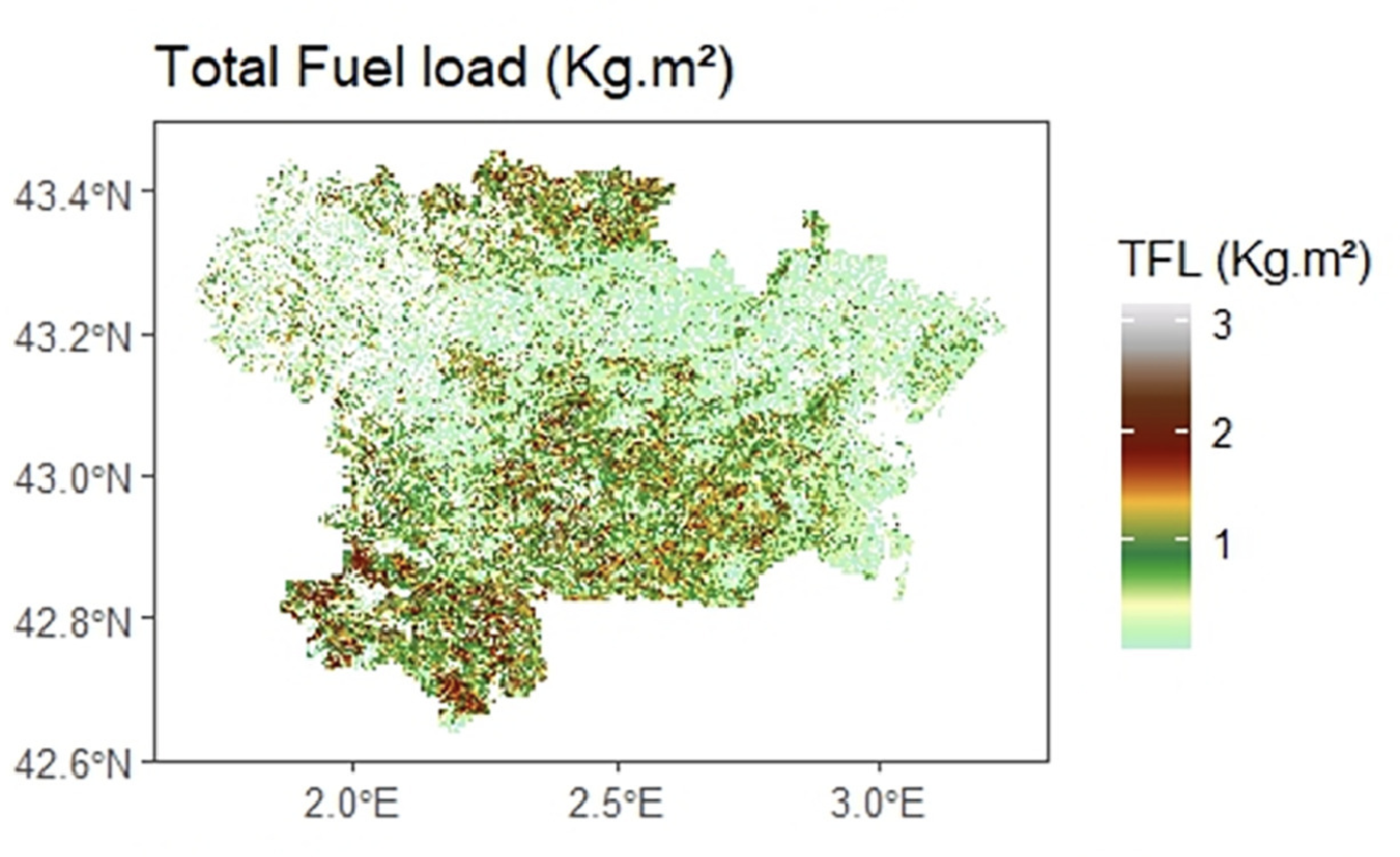Exemple d'estimation des métriques de carburants pour le département de l'Aude obtenue avec LidarForFuel. Lire la publication source   